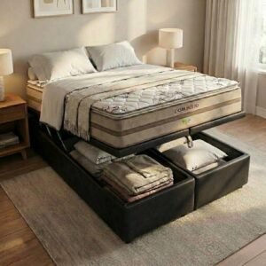 Colchão Queen Dom Hélio VX 32 cm D28 Molas Ensacadas + Base Baú Corino Preto – ECOTEC + ALTO NÍVEL