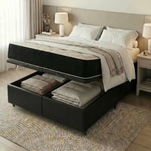 Colchão Queen Premium D45 + Base Box Baú Corino Preto – ECOTEC + ALTO NÍVEL CAMAS E COLCHÕES