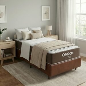 Colchão Solteiro Fit 17 cm D33 + Base Simples Corino Marrom – ORTOBOM + ALTO NÍVEL