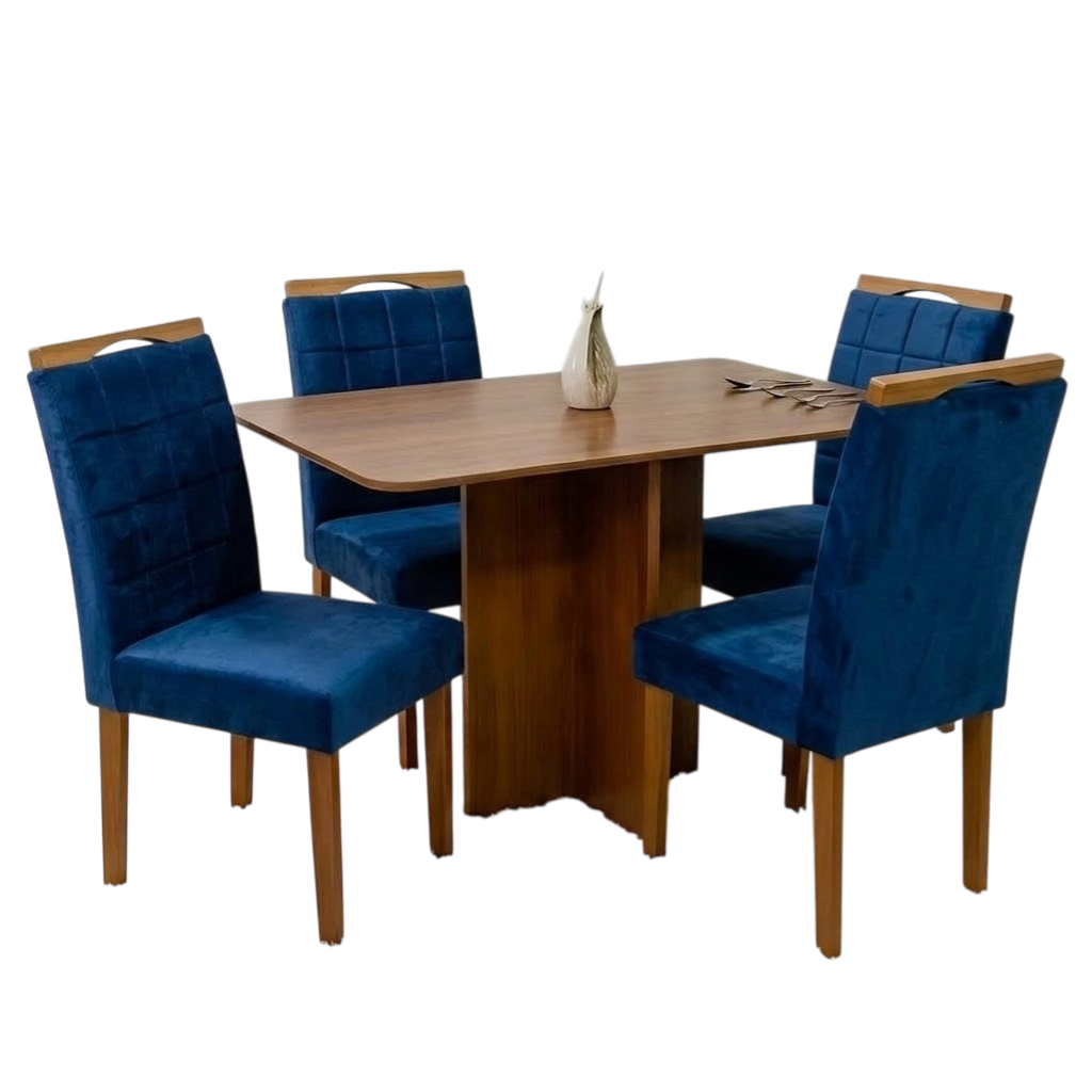 Mesa Salinas 120 (Tampo Londres s/vidro) Cinamomo com 4 Cadeiras Las Vegas Veludo Azul 24 – CEL MÓVEIS + OURO DECOR - Imagem 2
