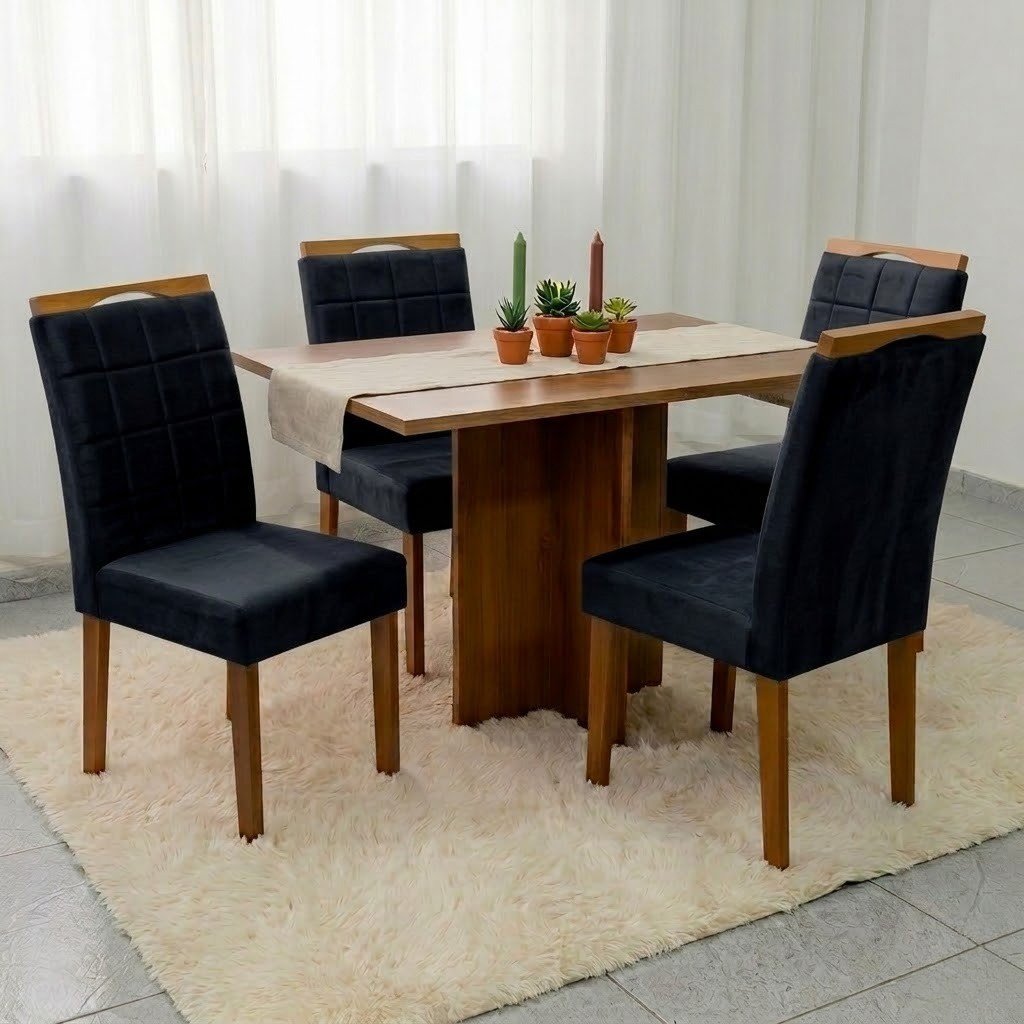 Mesa Salinas 100 (Tampo Dakota s/vidro) Cinamomo/Off White com 4 Cadeiras Las Vegas Veludo Preto 13 – CEL MÓVEIS + OURO DECOR