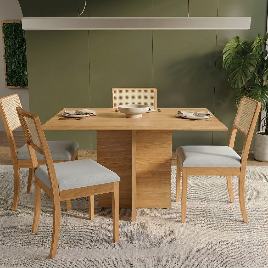 Mesa Pérola 120 Imbuia Mel (Tampo Viena s/vidro) com 4 Cadeiras Lola Linho Gelo A077A – CARVALHO DECOR + KAPPESBERG
