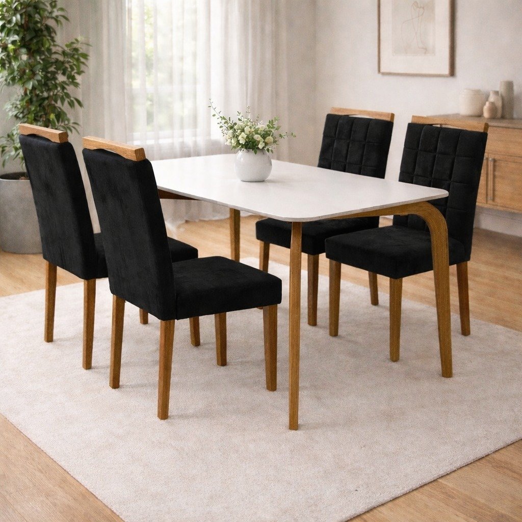 Mesa Capri 120 (C/Vidro) Cinamomo/Off White com 4 Cadeiras Las Vegas Veludo Preto 13 – MÓVEIS VALVERDE + OURO DECOR