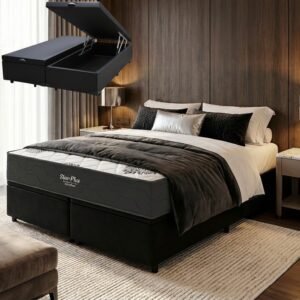 Colchão Queen Star Plus 25 cm D26 Molas Ensacadas + Base Baú Corino Preto – INOVAFLEX + ALTO NÍVEL