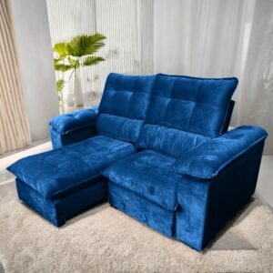 Sofa Retratil e Reclinavel Suica 2,10 m Veludo Azul - LEO DECOR (PROMOÇÃO - LEVE AVARIA)