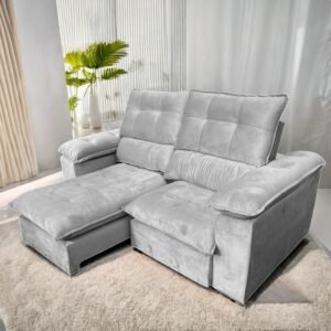 Sofá Retrátil e Reclinável Suíça 2,10 m Veludo Cinza Prata - LEO DECOR (PROMOÇÃO - LEVE AVARIA)