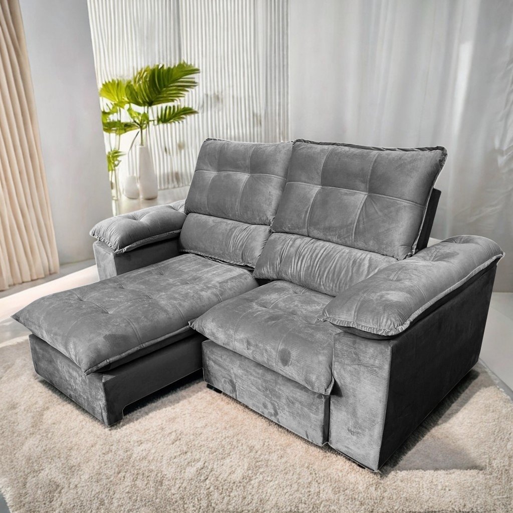 Sofá Retrátil e Reclinável Suíça 2,50 m Veludo Cinza Grafite – LEO DECOR (PROMOÇÃO - LEVE AVARIA)