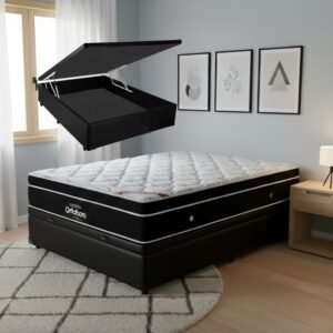 Colchão Casal Elegant Superpocket 28 cm D33 Molas Ensacadas + Base Baú Corino Preto – ORTOBOM + ALTO NÍVEL