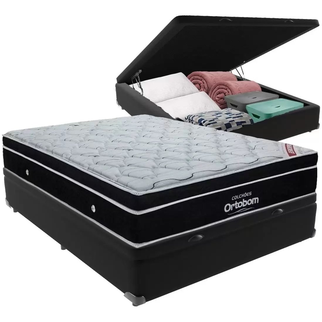 Colchão Casal Elegant Superpocket 28 cm D33 Molas Ensacadas + Base Baú Corino Preto – ORTOBOM + BIOSTAR - Imagem 2
