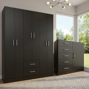 Guarda-Roupa 6 Portas Jamaica 6002 + Cômoda 5 Gavetas Sapateira Miami Preto – FELLICCI