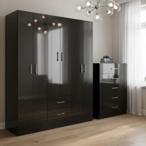 Guarda-Roupa 6 Portas Jamaica 6002 + Cômoda 5 Gavetas Aruba Preto – FELLICCI