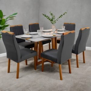 Mesa Pedro 160 Mel/Off White com 6 Cadeiras Gênova Veludo Grafite – ART ASSENTOS