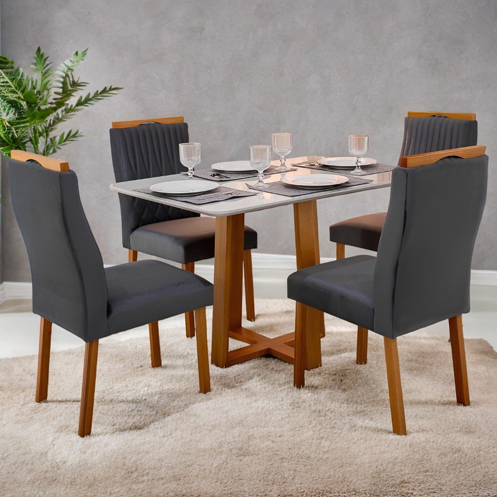 Mesa Pedro 90 Mel/Off White com 4 Cadeiras Gênova Veludo Cinza Grafite – ART ASSENTOS