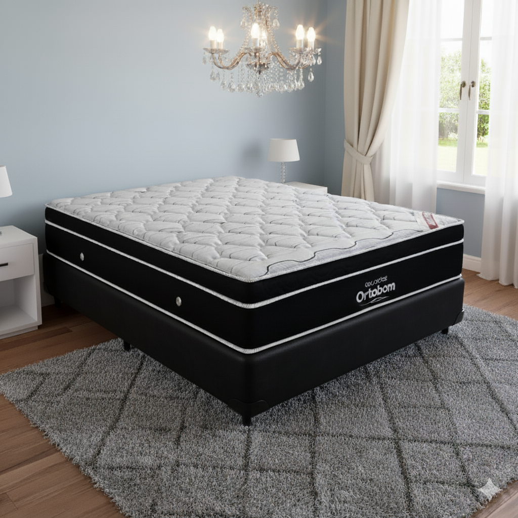 Colchão Casal Elegant Superpocket 28 cm D33 Molas Ensacadas + Base Simples Corino Preto – ORTOBOM + BIOSTAR