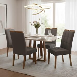 Mesa Pedro 90 Mel/Off White com 4 Cadeiras Sophia Veludo Cinza Grafite – ART ASSENTOS + WM DECOR