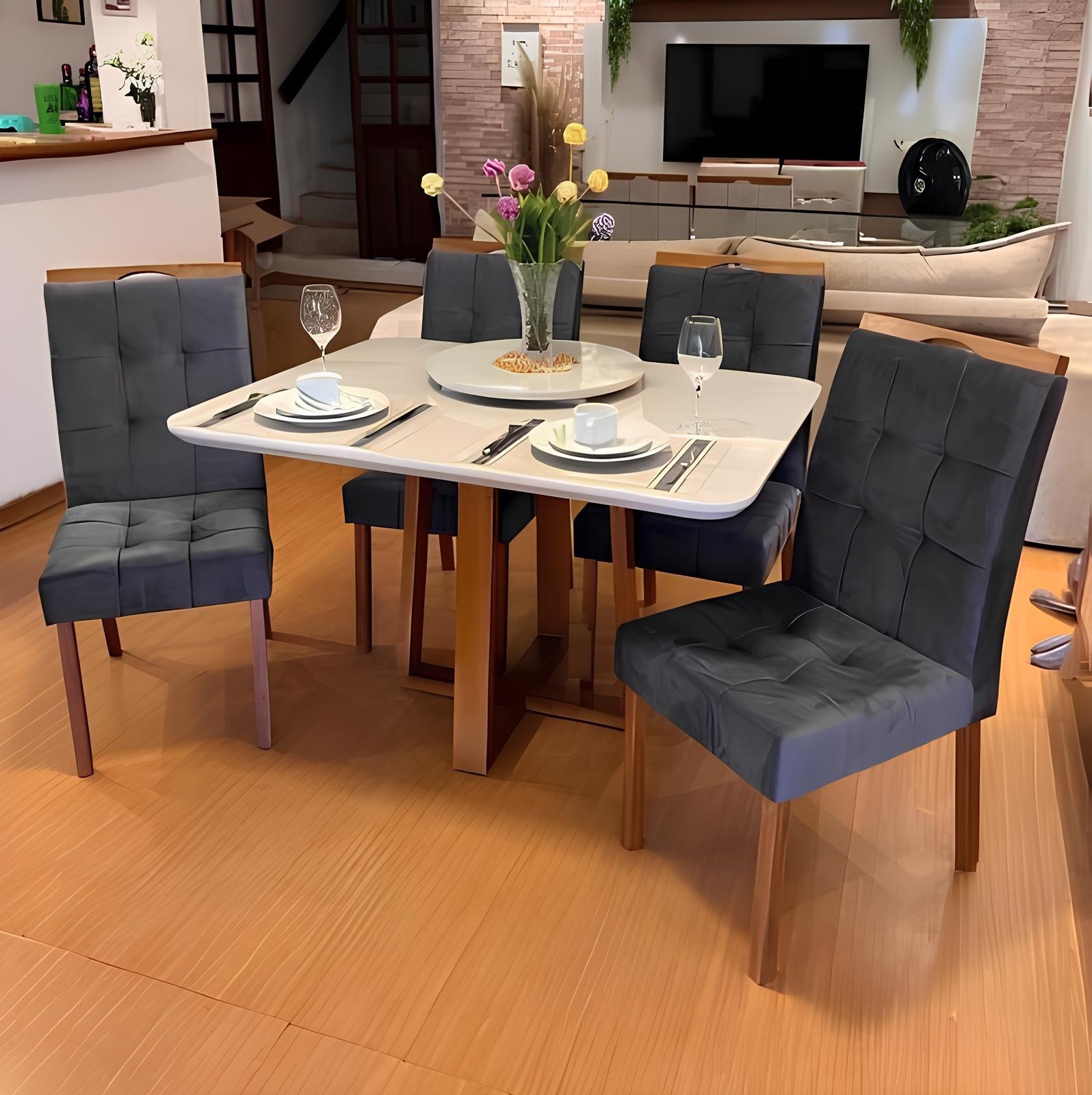 Mesa Pedro 90 Mel/Off White com 4 Cadeiras Sophia Veludo Cinza Grafite – ART ASSENTOS + WM DECOR - Imagem 3