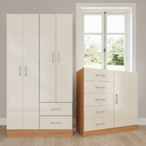 Guarda-Roupa 4 Portas Panamá 4002 + Cômoda 5 Gavetas Sapateira Miami Cinamomo/Off White – FELLICCI
