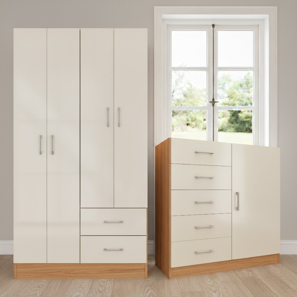 Guarda-Roupa 4 Portas Panamá 4002 + Cômoda 5 Gavetas Sapateira Miami Cinamomo/Off White – FELLICCI