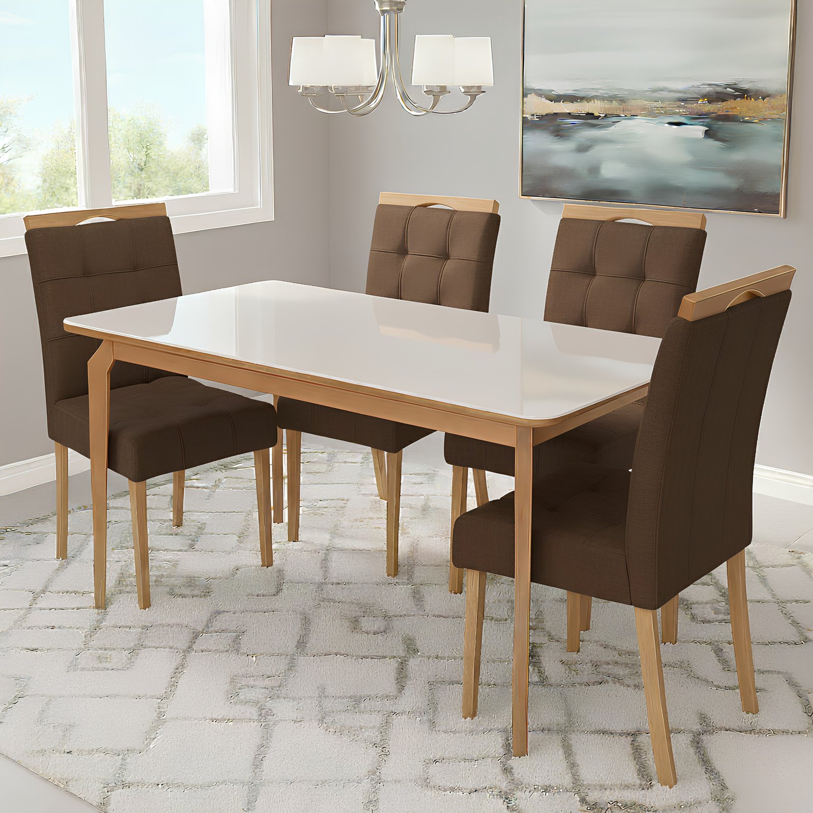 Mesa Alegra 120 Cinamomo/Off White com 4 Cadeiras Sophia Veludo Marrom – JCM MOVELARIA + WM DECOR