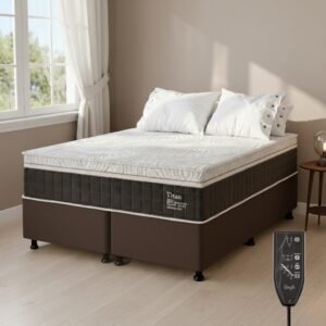 Colchão Queen Massageador Titan/Thor 34 cm D28 Molas Ensacadas + Base Box Simples Corino Marrom – VIERO + ALTO NÍVEL