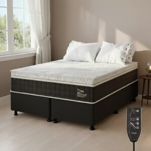 Colchão Queen Massageador Titan/Thor 34 cm D28 Molas Ensacadas + Base Box Simples Corino Preto – VIERO + ALTO NÍVEL
