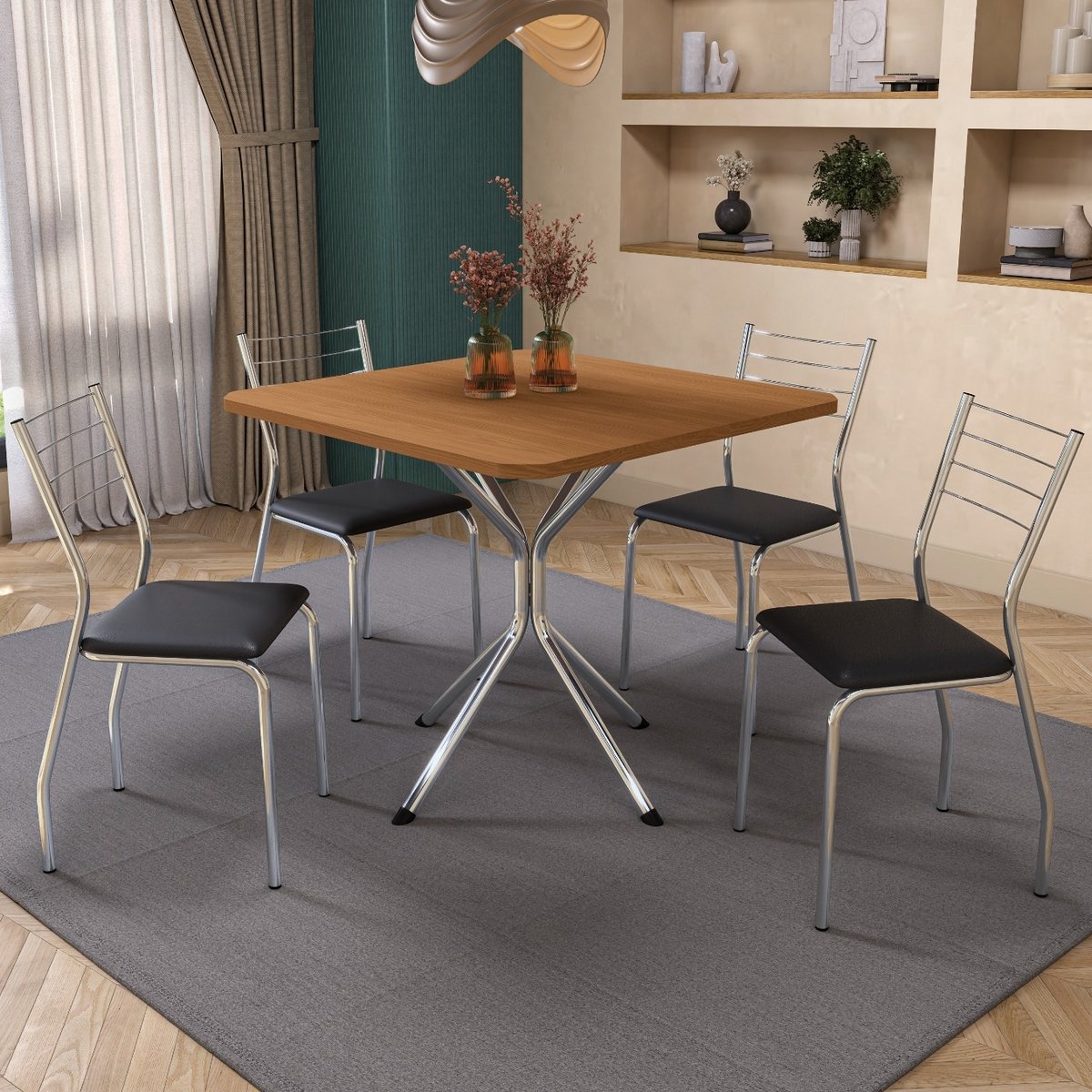 Mesa Creta 0,90 com 4 Cadeiras Malta CMC1078 (M088/F090/4C140) Cromado/Canela - KAPPESBERG