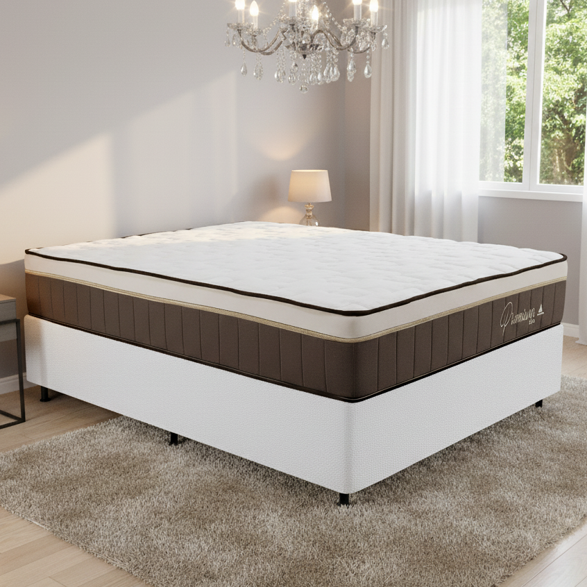 Colchão Casal Rondopremium 32 cm D33 Molas Ensacadas + Base Simples Corino Branco – RONDOMÓVEIS + BIOSTAR