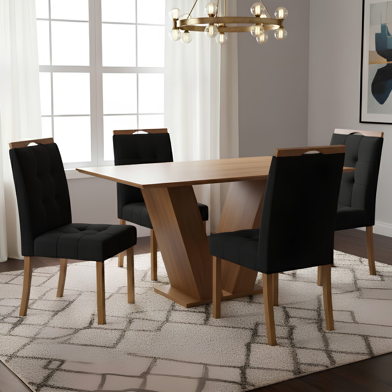 Mesa Classic 120 Cinamomo Laminado com 4 Cadeiras Sophia Veludo Preto – CEL MÓVEIS + WM DECOR