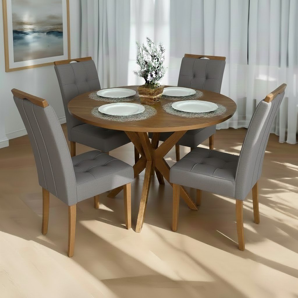 Mesa Redonda Simpatia 108 Cinamomo com 4 Cadeiras Sophia Veludo Cinza Grafite – JCM MOVELARIA + WM DECOR