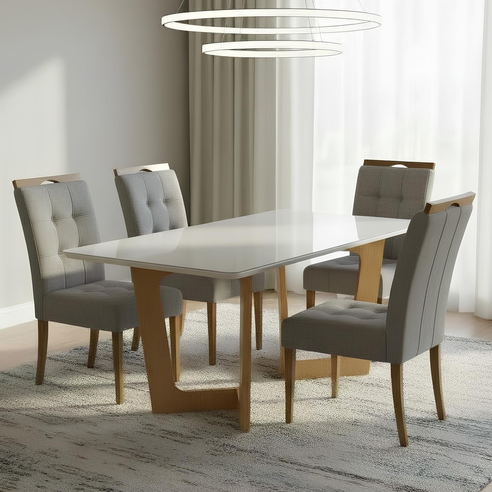 Mesa Dubai 120 (Tampo Londres) Cinamomo/Off White com 4 Cadeiras Sophia Veludo Cinza Grafite – CEL MÓVEIS + WM DECOR