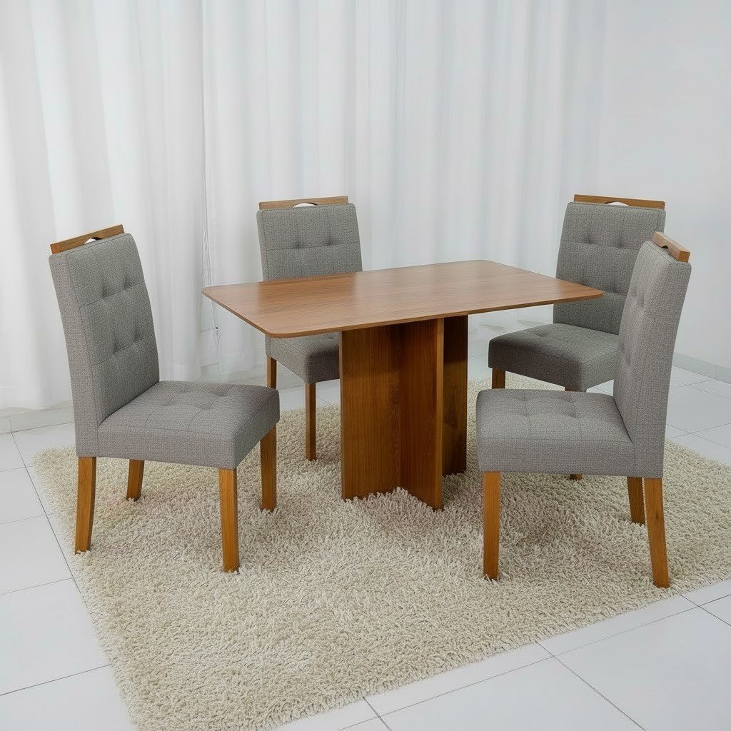 Mesa Salinas 120 (Tampo Londres s/ vidro) Cinamomo com 4 Cadeiras Sophia Linho Cinza Grafite 206 – CEL MÓVEIS + WM DECOR